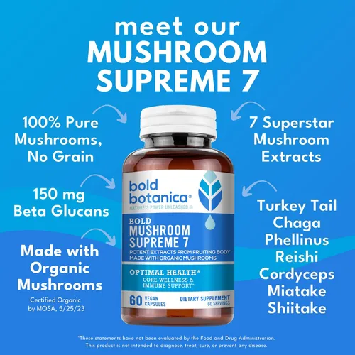 Miniatura 2 de Bold Botanica Mushroom Supreme 7 - Suplemento de hongos - Extractos orgánicos de cola de pavo, chaga, phellinus, reishi, cordyceps, maitake