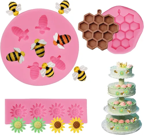 Miniatura 4 de Molde de silicona con temática de abeja, diseño de panal, girasol y abeja, kit de moldes para cupcakes, colmena, chocolate, fondant, dulces, Gris