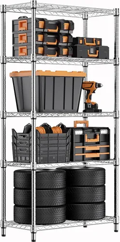 Miniatura 12 de M MZG Estantería de almacenamiento de 5 estantes, estantería de alambre de metal resistente, estantería de almacenamiento ajustable para garaje