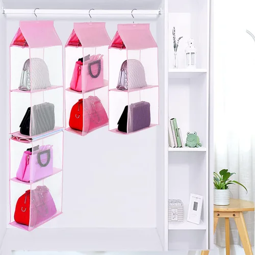 Miniatura 2 de KEEPJOY Organizador de bolso para armario, organizador de bolso colgante con 4 estantes de malla de alta resistencia (rosa)