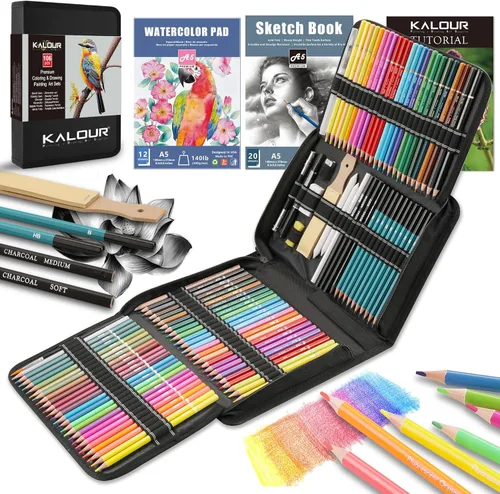Miniatura 11 de KALOUR Juego de 76 lápices para dibujo y boceto - Suministros de arte profesional con cuaderno de bocetos y papel para acuarela - Incluye tutorial