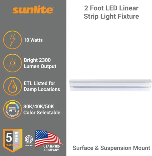 Miniatura 2 de Sunlite 85550 - Tira de luz lineal LED de 2 pies, 10 vatios, 1150 lúmenes, seleccionable 3 CCT 3000K-5000K, regulable, vida útil de 50,000 horas, 83
