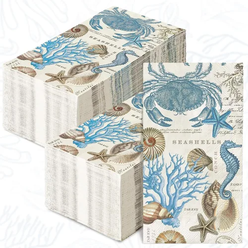 100 servilletas de papel desechables con diseño vintage de cangrejo y estrella de mar, coral, para cena de verano, océano, cena, toalla de mano para