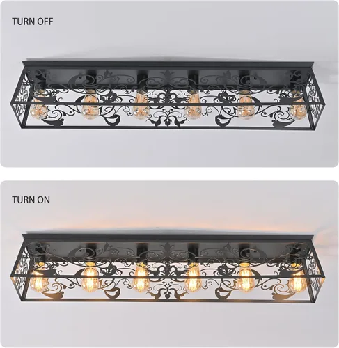 Miniatura 9 de Garwarm Lámpara de techo rectangular de montaje empotrado de 6 luces, lámpara de araña negra enjaulada de metal de 38 pulgadas, lámpara de techo