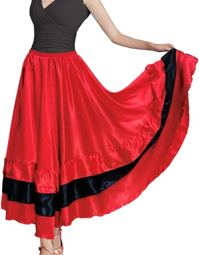 Miniatura 3 de BACKGARDEN Falda larga de satén con capas negras y rojas para mujer, para flamenco español, danza del vientre, ballet mexicano, actuación folklórica