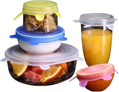 Miniatura 7 de Tapas elásticas de silicona, 6 tamaños, fundas reutilizables para almacenamiento de alimentos para cuencos, frutas y recipientes (rosa, 6 unidades)