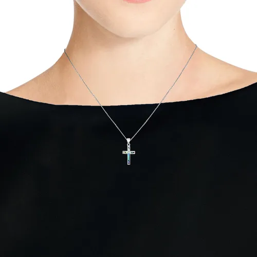Miniatura 6 de AeraVida Collar iridiscente de plata de ley 925 con concha de abol de cruz de fe, 18 pulgadas, Concha