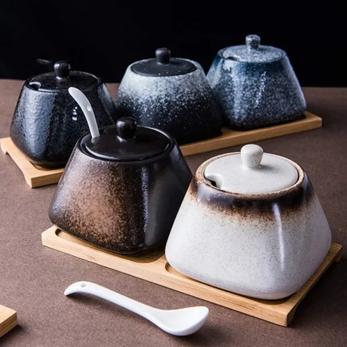 Miniatura 3 de Cabilock Azucarero japonés de cerámica, recipiente de condimento vintage, tarro de almacenamiento de sal con tapa y cuchara para cocina, Moca