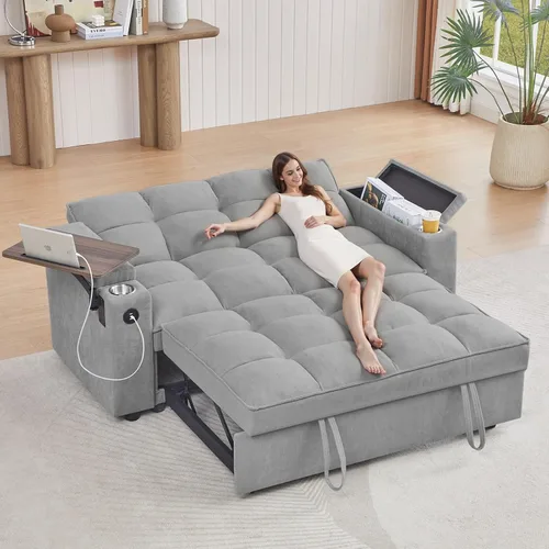 Miniatura 18 de hansones Sofá cama extraíble multifuncional de 66 pulgadas con mesa auxiliar oculta, reposabrazos de almacenamiento, puerto de carga integrado