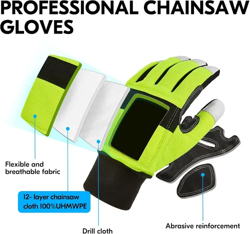 Miniatura 3 de Vgo... Guantes de motosierra, protección de motosierra de 12 capas en la parte posterior de ambas manos, guantes de trabajo de cuero, guantes
