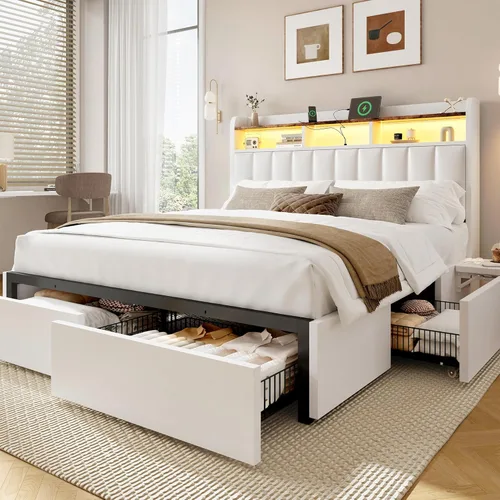 Miniatura 10 de BRELTAM Base de cama Queen con cabecero, 4 cajones de almacenamiento y escritorio ajustable integrado, estación de carga, fácil montaje, no necesita