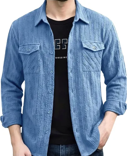 Miniatura 18 de Camisas con botones para hombre, casual, de manga larga, con cuello jacquard, texturizada, ligera, sobrecamisa, sobrecamisa