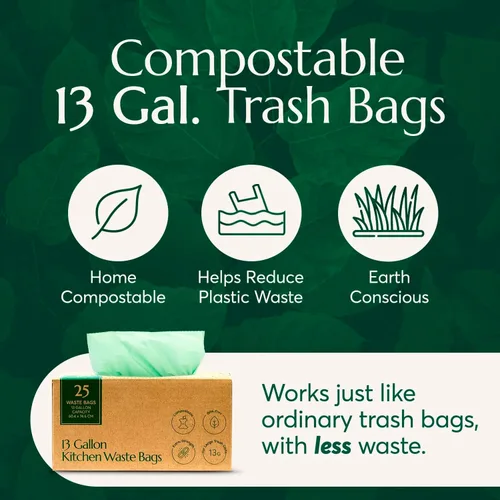Miniatura 2 de Bolsas de basura compostables* Cleanomic con cordón (13 galones, 25 unidades, altas), certificadas BPI para compost de cocina