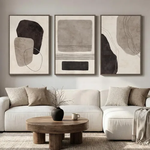 Miniatura 17 de Arte de pared abstracto neutro con marco grande para sala de estar, 3 piezas, impresiones modernas en lienzo para paredes, cuadros negros y beige