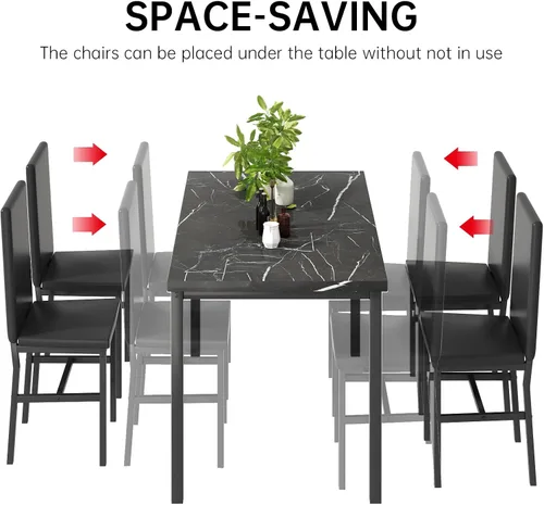 Miniatura 5 de Juego de mesa de comedor para 4, juego de comedor de mármol sintético de 5 piezas, 4 sillas tapizadas de poliuretano, muebles de mesa de cocina Negro