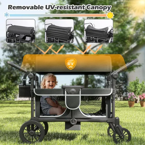 Miniatura 3 de TOLEAD Cochecito para 4 niños, plegable de 4 asientos para exteriores con toldo, manubrio ajustable, arnés de seguridad de 5 puntos, bandeja Negro
