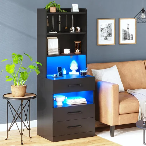 Miniatura 2 de AOGLLATI Mesita de noche alta con estación de carga y luces LED, mesita de noche con 3 cajones y estantes de almacenamiento, mesita de noche