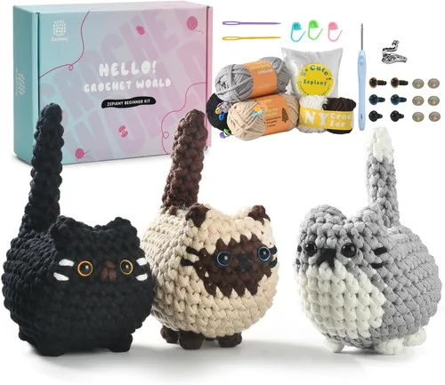 Zepiany Kit de ganchillo para principiantes, kit de ganchillo para principiantes, kit de ganchillo para adultos, Amigurumi Crochet Animals Cat Kit
