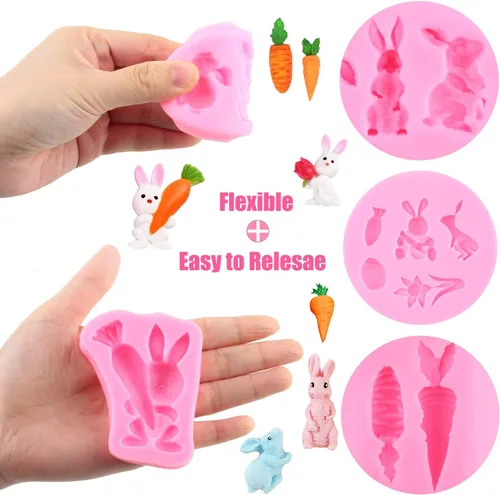 Miniatura 4 de ZiXiang Moldes para fondant de Pascua, moldes de silicona de conejo, molde de zanahoria y chocolate, molde de conejo, flor, caramelo para decoración