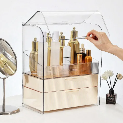Miniatura 2 de Caja Organizadora de Almacenamiento de Maquillaje Grande, Vitrinas de Cosméticos a Prueba de Polvo y Resistente al Agua, Organizador de Cosméticos
