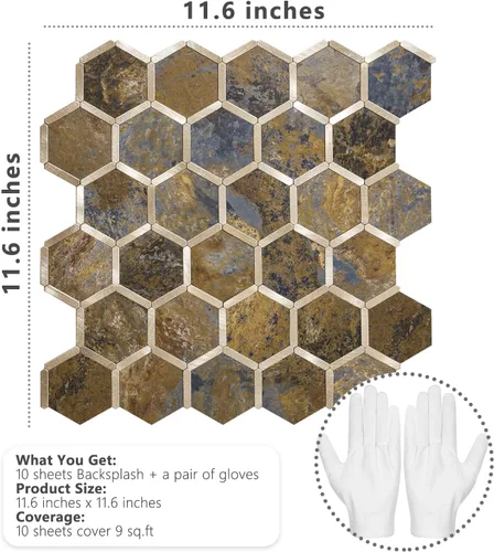 Miniatura 2 de STICKGOO Azulejo Hexagonal de Pelar y Pegar para Salpicadero, Salpicadero Adhesivo para Cocina y Baño, Aspecto de Pizarra Oxidada PVC Mezclado Metal