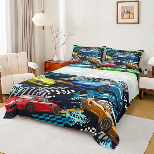 Manfei Coloful - Juego de sábanas de auto de carreras para niños, tamaño individual, juego de ropa de cama para niños y adolescentes, decoración de