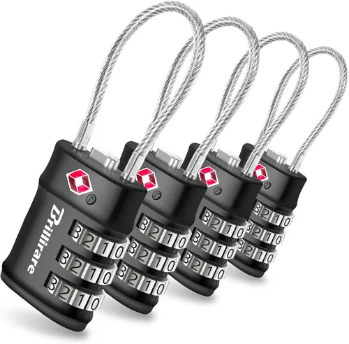 Paquete de 4 cerraduras de equipaje aprobadas por la TSA, cerradura de cable de viaje combinada, candado impermeable de 3 dígitos, cerradura de