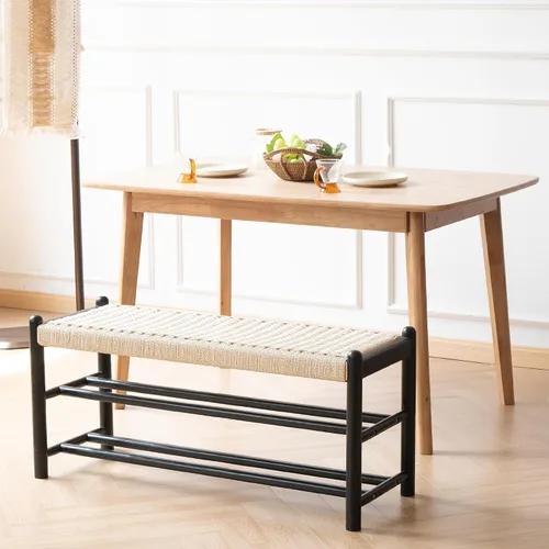 Miniatura 6 de Banco de madera maciza para entrada con almacenamiento para zapatos, diseño rústico en roble y tejido, 39.4 pulgadas de largo, asiento para sala