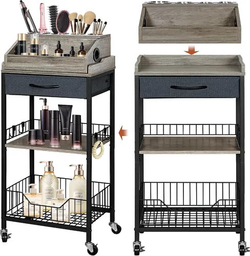 Organizador de Carrito de Maquillaje Grande, Organizador de Belleza 2 en 1 con Ruedas y Soporte para Herramientas de Cabello, Soporte de Maquillaje