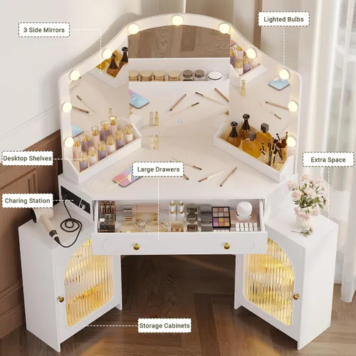 Miniatura 2 de Escritorio esquinero con espejo de 3 vías y luces LED, juego de mesa de maquillaje con estación de carga, cajones de almacenamiento y armarios