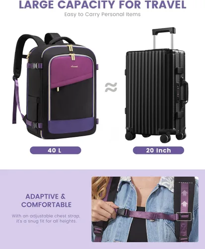 Miniatura 3 de Mochila de viaje LOVEVOOK para mujeres, mochila de 40L para llevar en el avión, Púrpura, negro