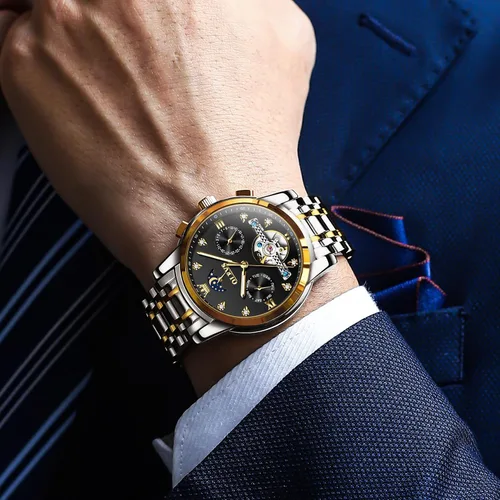 Miniatura 2 de OLEVS Relojes automáticos para hombre, impermeable, vestido de lujo, cuerda automática, esqueleto mecánico, tourbillon, fase lunar, acero