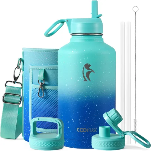 Miniatura 87 de Coolflask Botella de agua de 20 onzas aislada con pajilla, 3 tapas de metal de acero inoxidable, botella de agua de boca ancha para deportes u