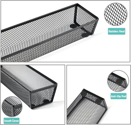Miniatura 7 de BYCY Organizador de cubiertos para cajón, organizador de utensilios de malla para almacenamiento de cocina, bandeja de malla metálica de acero negro