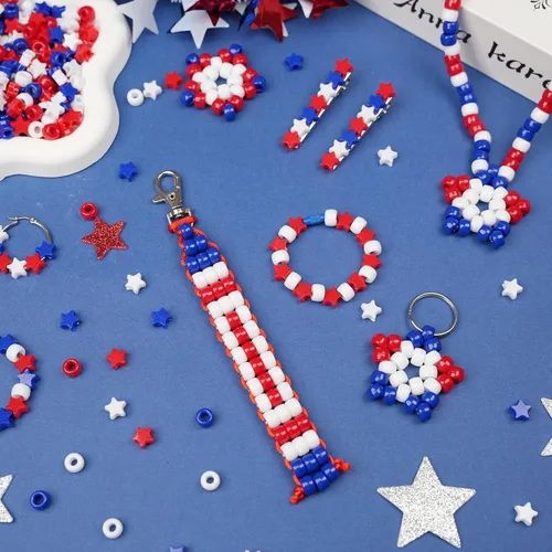 Miniatura 3 de 2400Pcs Red White and Blue Pony Beads (6x9mm), Plastic Independence Day Star Beads for DIY Crafts Making, 4th of July Large Hole Pony Beads Bulk