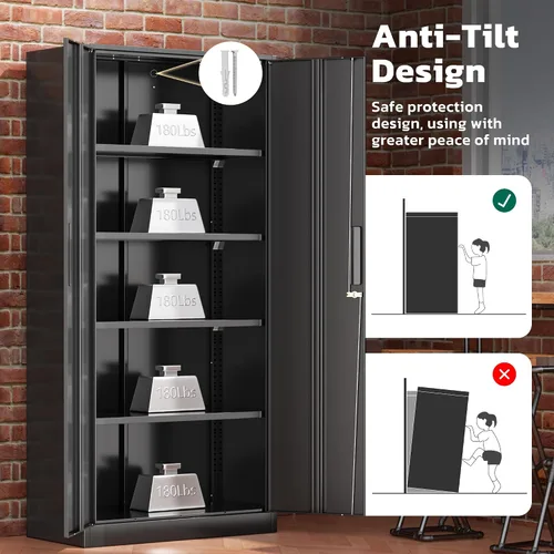 Miniatura 6 de Greenvelly Armario de almacenamiento de metal con cerradura, gabinete de almacenamiento cerrado negro de 72 pulgadas con 2 puertas y 4 estantes