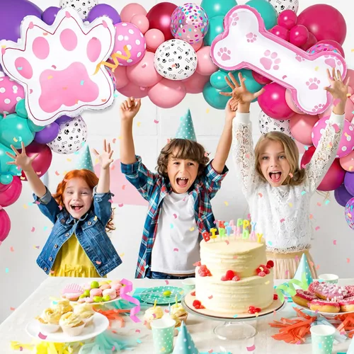 Miniatura 6 de Kit de arco de guirnalda de 147 piezas de globos con diseño de pata con globos con estampado de pata de perro rosa, morado, turquesa, globos