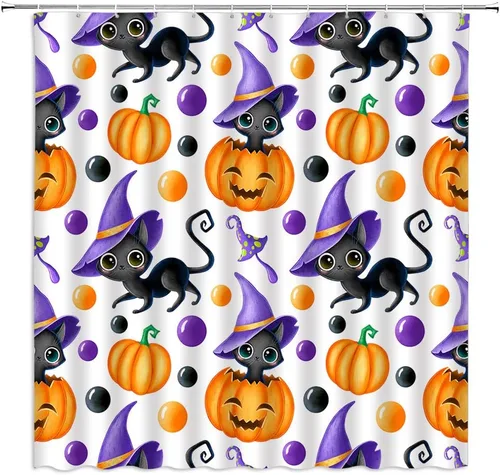 Miniatura 6 de Cortina de ducha de Halloween, castillo aterrador, calabaza, camión, calavera, murciélago de terror, luna llena, bruja, tela gótica, juego