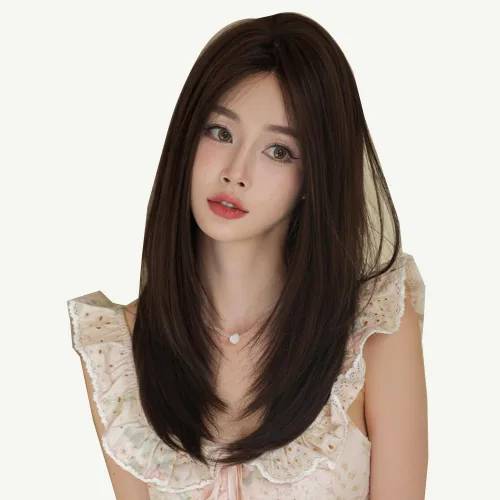 Peluca de 22 pulgadas de largo y lacia con flequillo de cortina para mujer, cabello sintético negro, resistente al calor, para fiesta, cosplay, Té