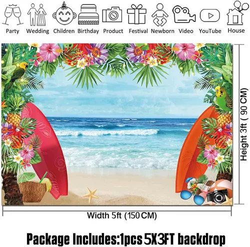 Miniatura 6 de HQM Fondo de fotos con temática de playa tropical de verano, 5 x 3 pies, tela para conchas de playa, Hawaii, flor de mar azul, para niños
