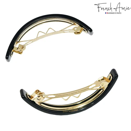 Miniatura 3 de French Amie Pasador automático hecho a mano de acetato de celuloide pequeño negro curvado de 2.5 pulgadas con cierre dorado