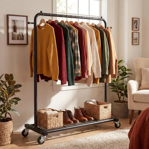 Miniatura 2 de Sywhitta Perchero con ruedas con estante de almacenamiento de malla y marco de metal resistente, perchero con ruedas para colgar ropa, abrigos