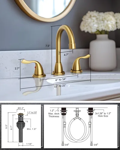 Miniatura 7 de Grifo de baño de oro cepillado de 3 agujeros: grifo de baño amplio ARCORA de 8 pulgadas, 2 manijas para fregadero de baño con ensamblaje de drenaje