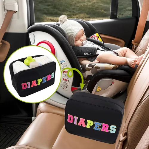 Miniatura 4 de Bolsa de pañales pequeña y portátil, organizador de pañales con letras de chenilla, bolsa organizadora de pañales para recién nacidos, artículos