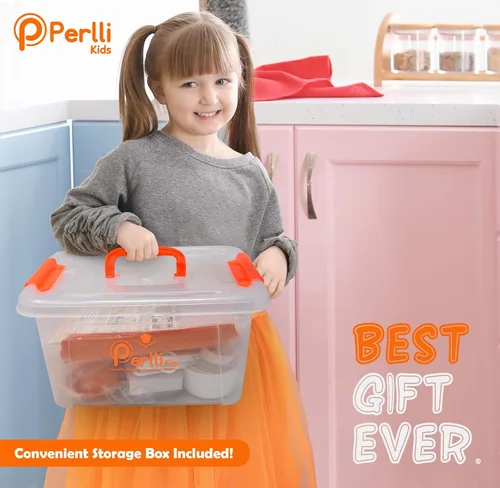 Miniatura 7 de PERLLI Juego de cocina real para niños para cocinar y hornear, 31 piezas. Regalo para chef junior con utensilios reales, estuche y juego de Naranja