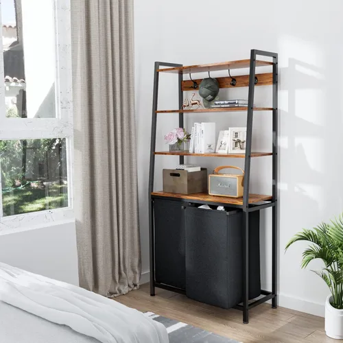 Miniatura 9 de Furnulem Organizador de Ropa de 4 Niveles con Estante y Ganchos, Cesta de Lavandería Alta Clasificadora con 2 Bolsas Removibles, Organizadores
