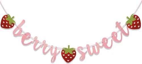 Miniatura 9 de Banner dulce de fresa y bayas, decoraciones de fiesta de fresa Suministros de fiesta temática de bayas de verano con purpurina dorada para baby