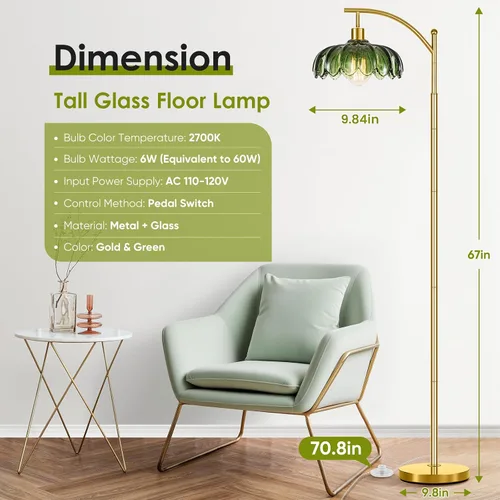 Miniatura 2 de Lámpara de pie dorada para sala de estar, lámpara alta de pie vintage única, lámparas de pie modernas de mediados de siglo, lámparas de pie de Verde