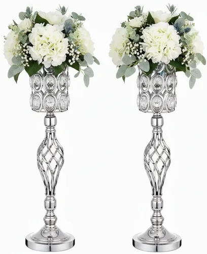 Miniatura 14 de Jarrones de cristal para centros de mesa de boda, juego de 2 jarrones dorados de metal, versátiles soportes para flores de 24 pulgadas de alto