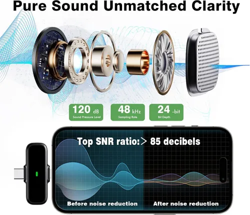 Miniatura 2 de Micrófono Lavalier inalámbrico para iPhone/Android - Mini micrófono dual con cancelación de ruido con funda de carga (30H), micrófono de clip